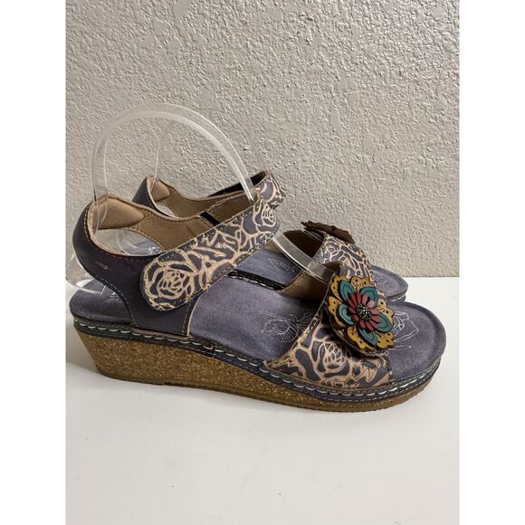 L'Artiste Spring Step Leather Wedge Rose Embossed Sandals Cuteness Two Pair 38 8 - Picture 14 of 16